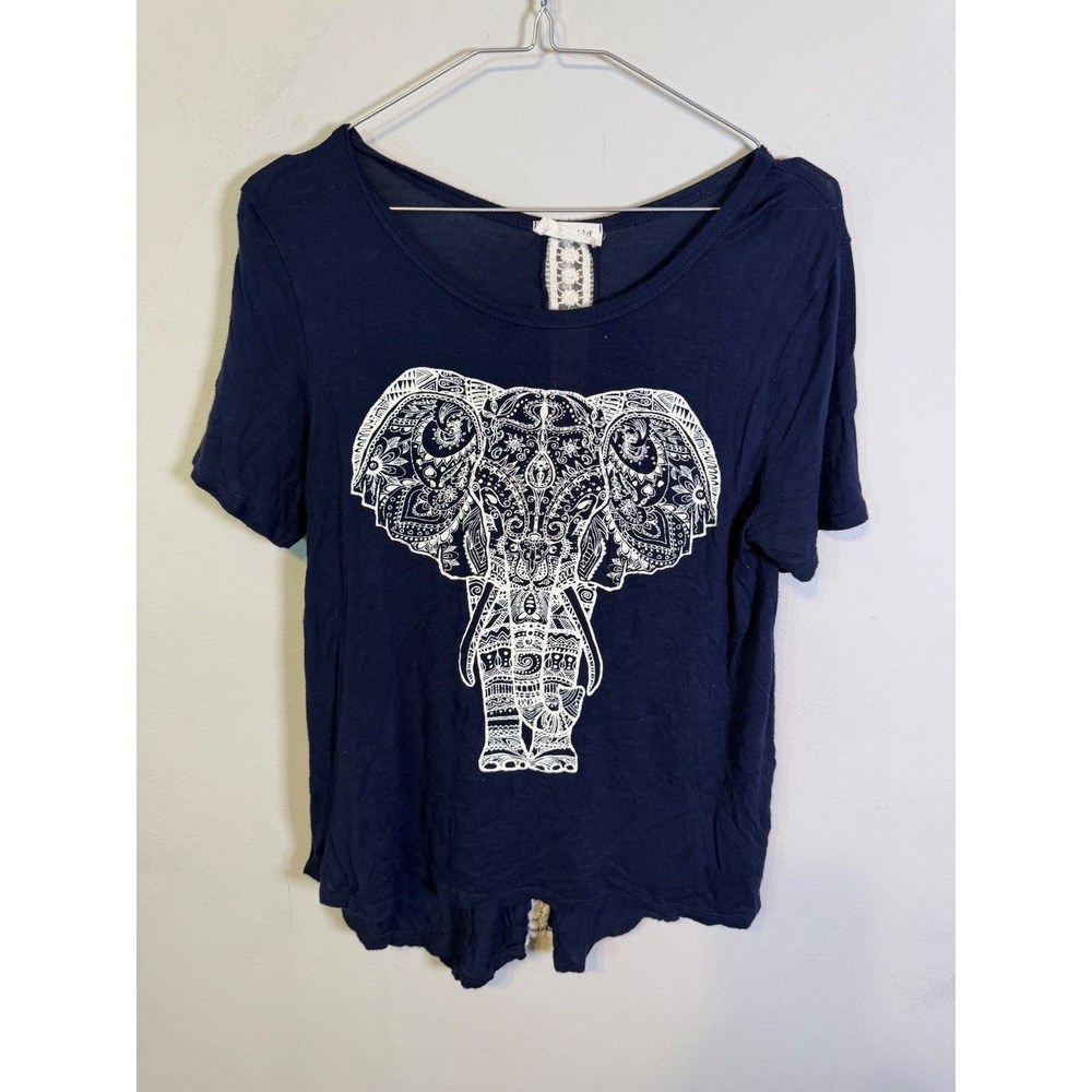 Moonchild Womens Graphic Tee Elephant Lace Back Navy Blue Large